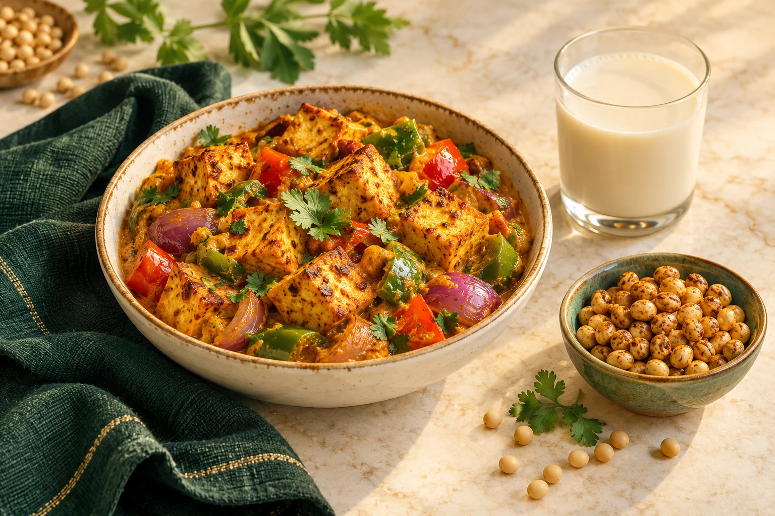 Serving suggestion: golden tofu tikka, soy milk and soya nuts on a cream table with green linen