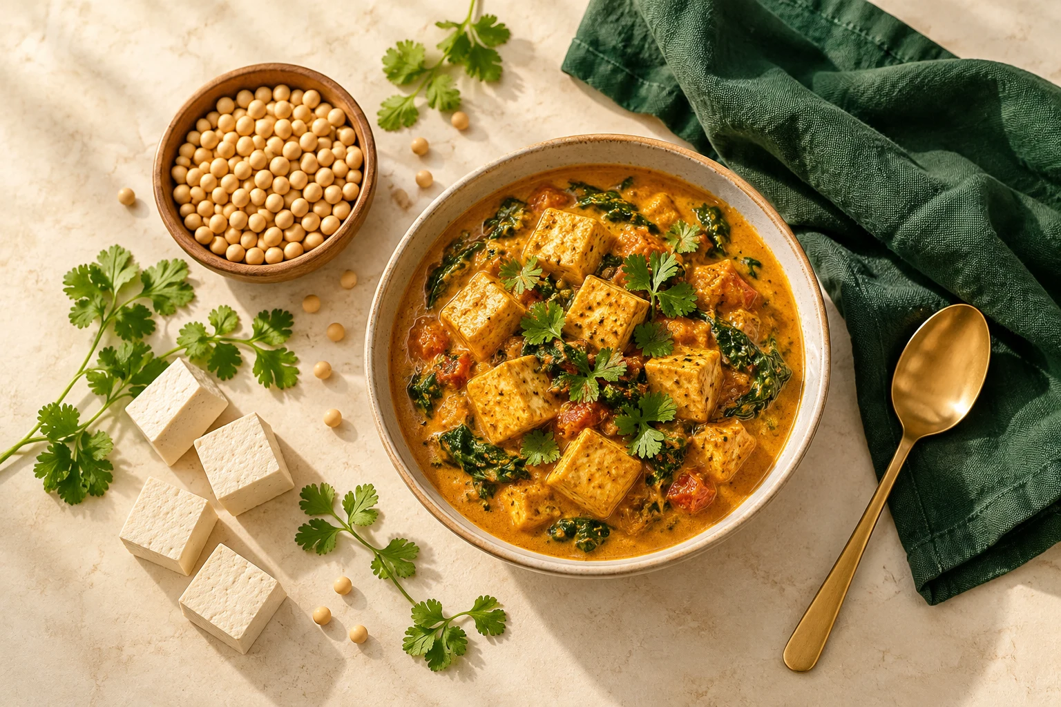 Illustrative tofu curry, fresh tofu cubes, soybeans and herbs arranged for a meal
